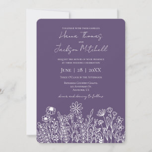 Invitación Boda Minimalista Wildflower Doodle Casual Purple
