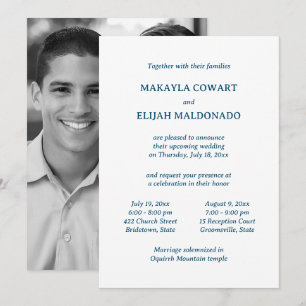 Invitación Boda mínimo azul/blanco del templo dos recepciones