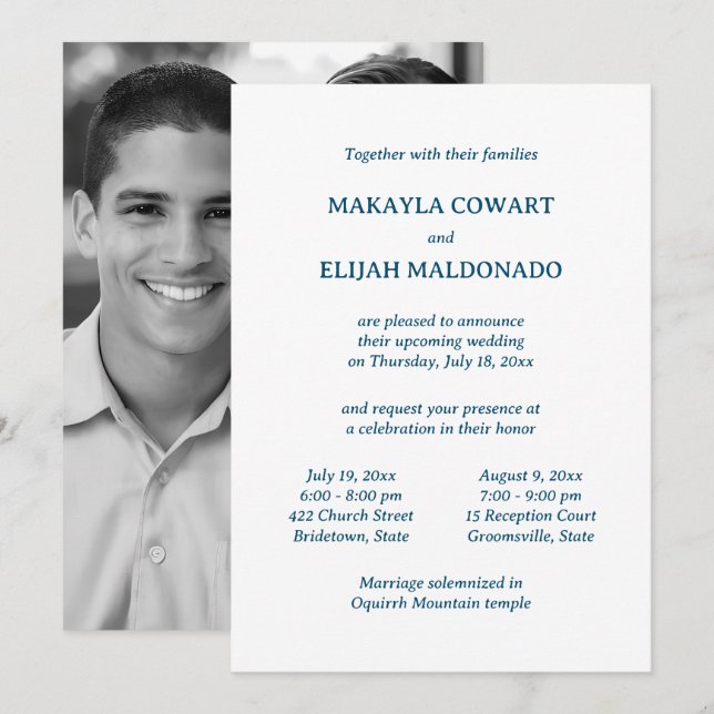 Invitación Boda mínimo azul/blanco del templo dos recepciones (Anverso / Reverso)