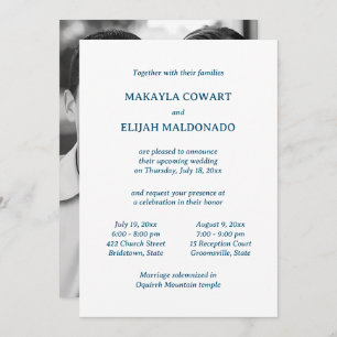 Invitación Boda mínimo azul/blanco del templo dos recepciones