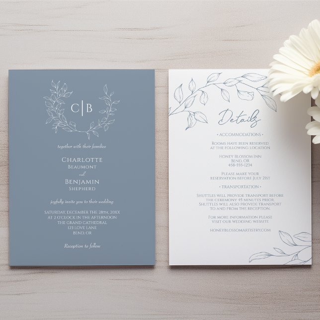 Invitación Boda Mínimo Azul Dusto Monograma Todo En Uno (Subido por el creador)