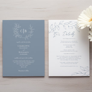 Invitación Boda Mínimo Azul Dusto Monograma Todo En Uno