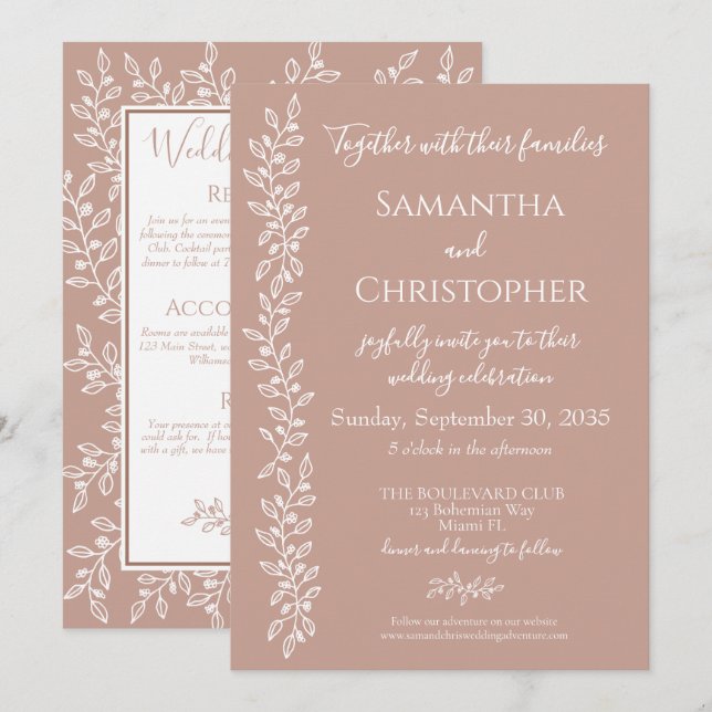 Invitación Boda Mínimo Botánico Moderno Boho Rubor Pink (Anverso / Reverso)