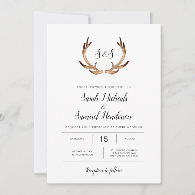 Invitación Boda mínimo de color de agua rústico de antler (Anverso)