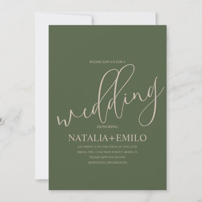 Invitación Boda mínimo de crema de escritura verde sage moder (Anverso)