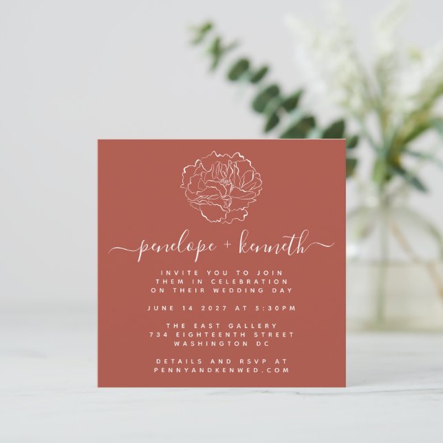 Invitación Boda mínimo de dibujo floral con guión de terracot (Anverso de pie)