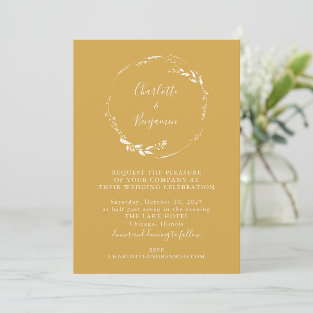 Invitación Boda mínimo de escritura floral amarilla con polvo (Anverso de pie)