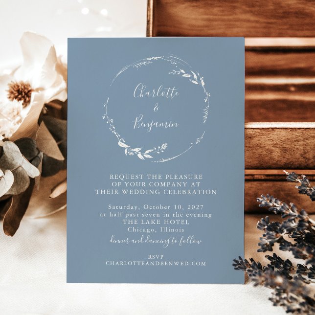 Invitación Boda mínimo de escritura floral azul turbia (Subido por el creador)