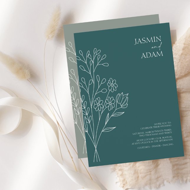 Invitación Boda mínimo de flores silvestres blancas verde esm (Subido por el creador)
