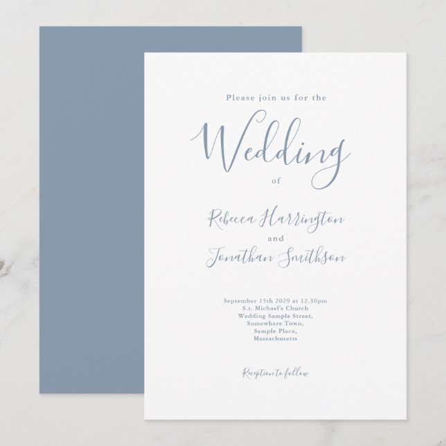 Invitación Boda mínimo de guiones azul turbio (Anverso / Reverso)