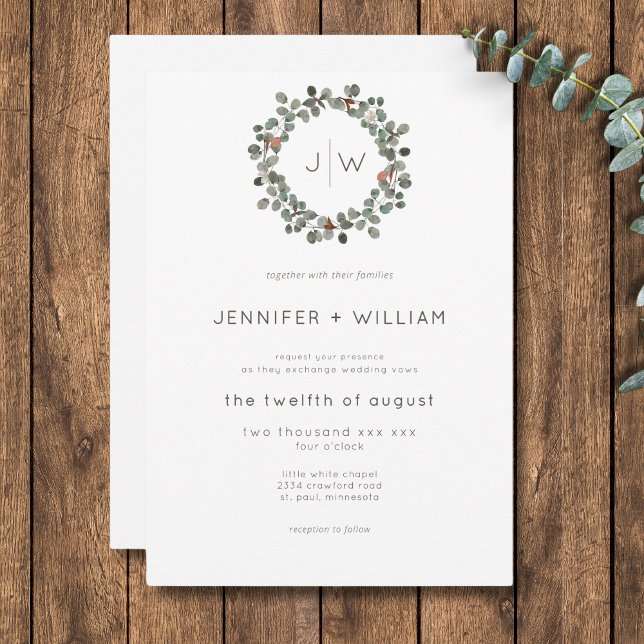 Invitación Boda mínimo de hueso de eucalipto verde de óxido (Minimal Rust Green Eucalyptus Wreath Wedding Invitation)