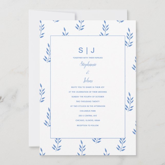 Invitación Boda mínimo de la hoja azul de Cornflower (Anverso)