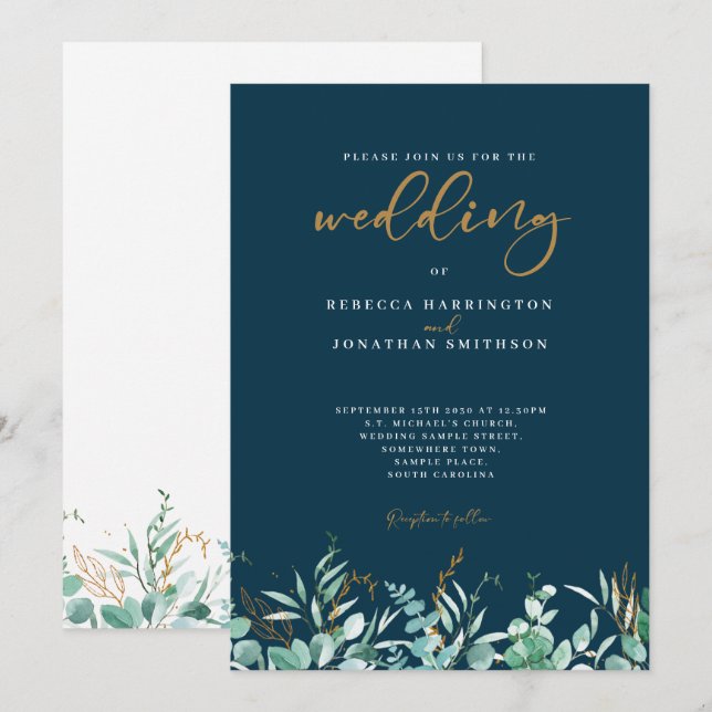 Invitación Boda mínimo de la Marina de Oro Eucalyptus Leaf (Anverso / Reverso)