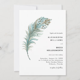 Invitación Boda mínimo de la pluma azul Verde azulada Boho