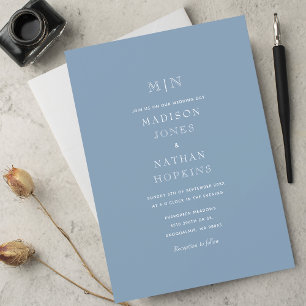 Invitación Boda mínimo de monograma azul oxidado