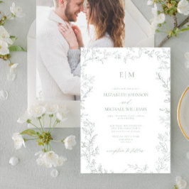 Invitación Boda Mínimo de Monograma de Fotos Verdes de Leaf S