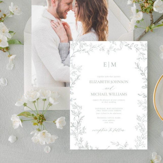 Invitación Boda Mínimo de Monograma de Fotos Verdes de Leaf S (Subido por el creador)