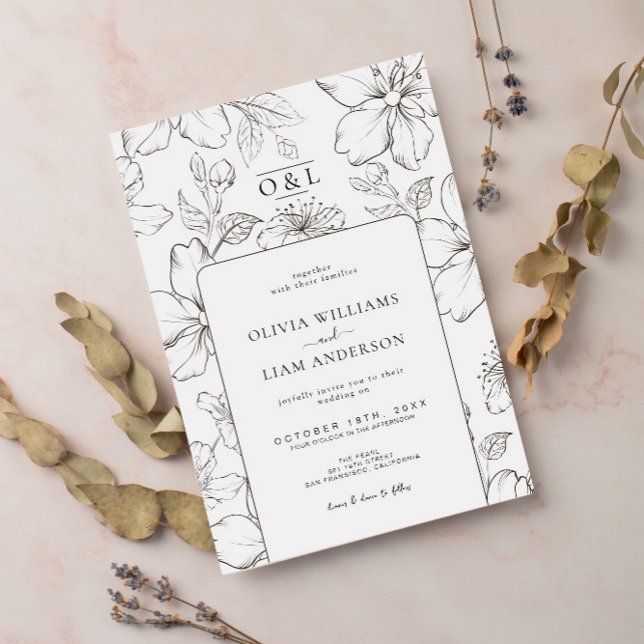 Invitación Boda Mínimo de Monograma de Moda Floral Blanco y N (Subido por el creador)