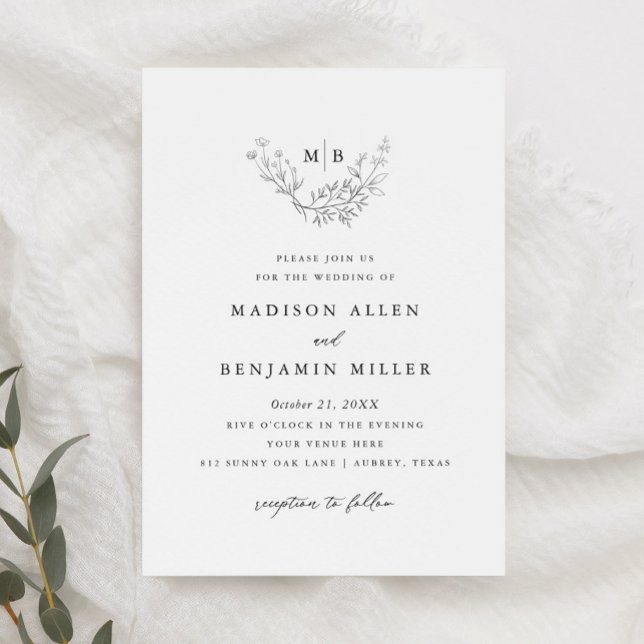 Invitación Boda Mínimo de Monograma Formal Botánico (Subido por el creador)