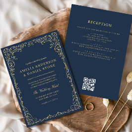 Invitación Boda mínimo de oro azul de la Marina de código QR