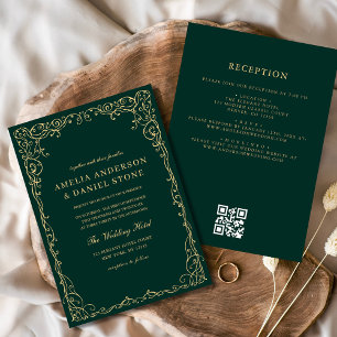 Invitación Boda mínimo de oro verde esmeralda del código QR
