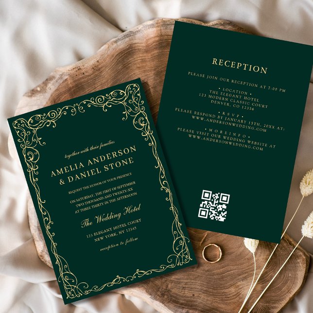 Invitación Boda mínimo de oro verde esmeralda del código QR (Subido por el creador)