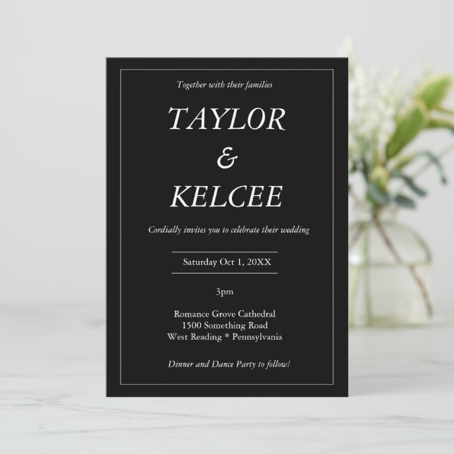 Invitación Boda mínimo de PERSONALIZABLE blanco y negro (Anverso de pie)