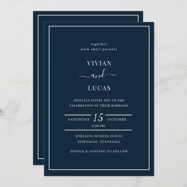 Invitación Boda mínimo del código QR azul de la Marina modern (Anverso / Reverso)