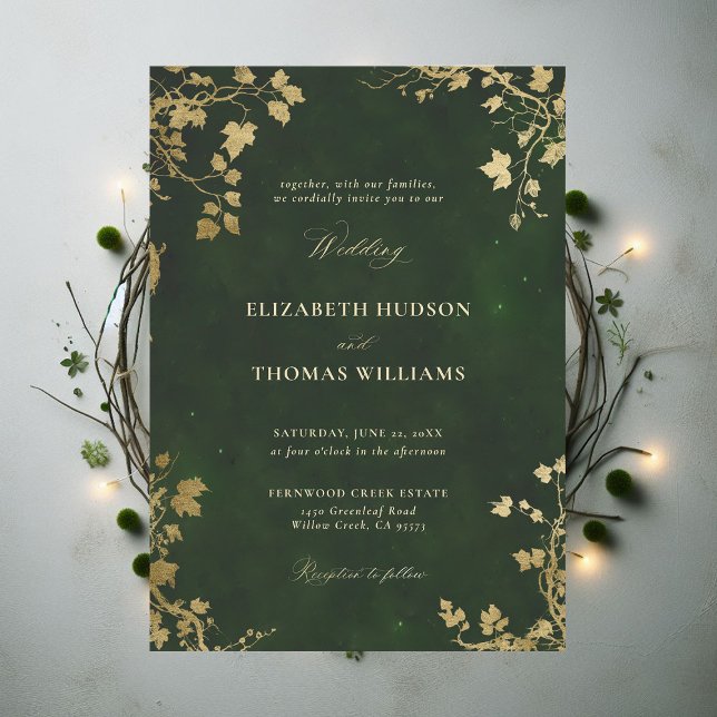 Invitación Boda Mínimo del Marco Escándalo Oro Mágico del Bos (Enchanted Forest Hunter Green Draped Greenery Minimal Frame Modern Calligraphy Wedding Invitation)