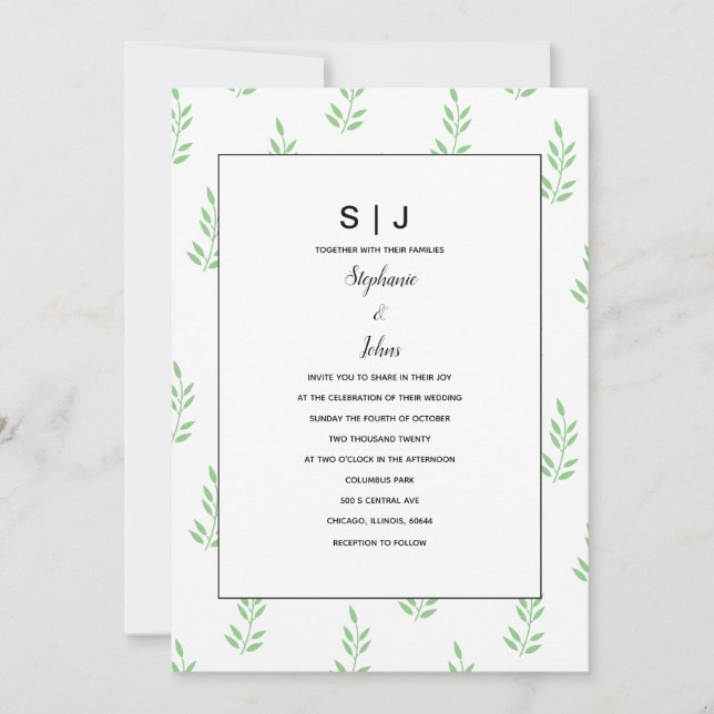 Invitación Boda mínimo del Monograma Verde de la hoja Sage 20 (Anverso)