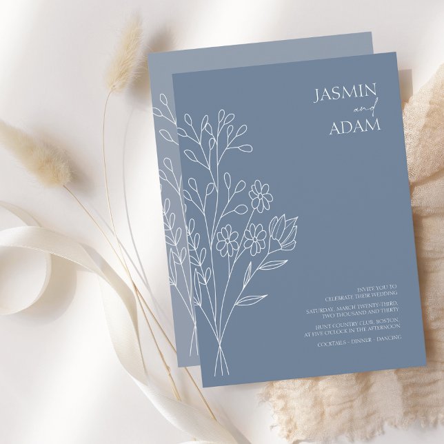 Invitación Boda Mínimo Dusty Blue White Wildflowers (Subido por el creador)
