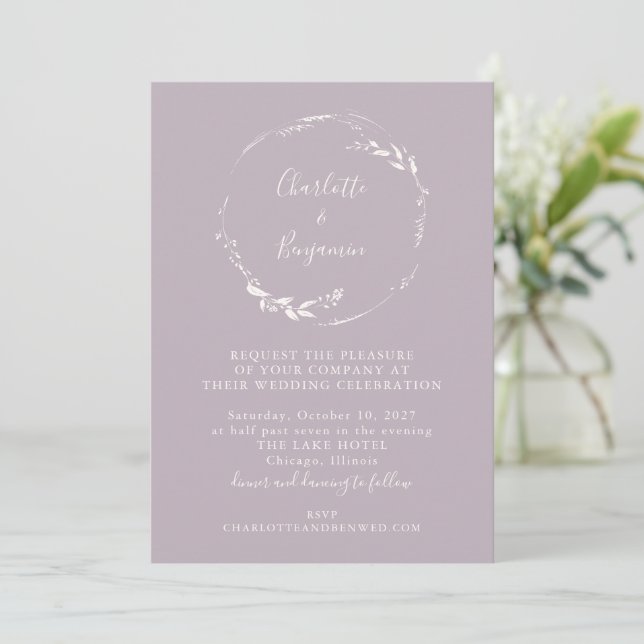 Invitación Boda Mínimo Dusty Lilac Floral Wreath Script (Anverso de pie)
