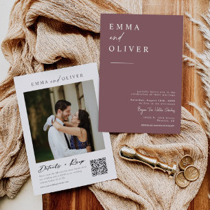 Invitación Boda Mínimo Dusty Morado Moderno Foto Código QR