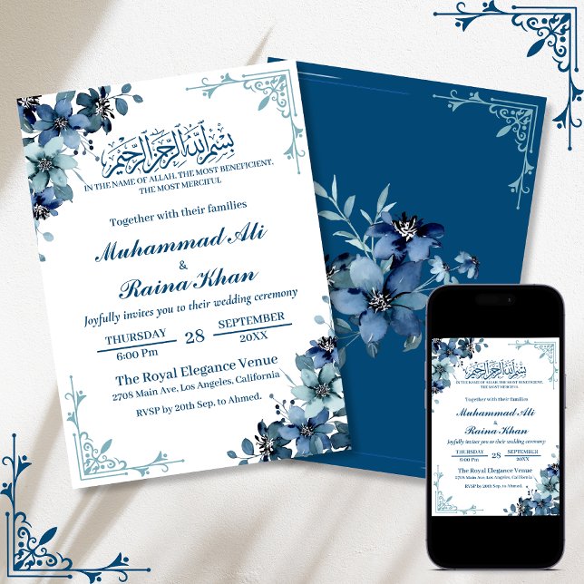 Invitación Boda mínimo Floral Azul Blanco Bismillah (Subido por el creador)