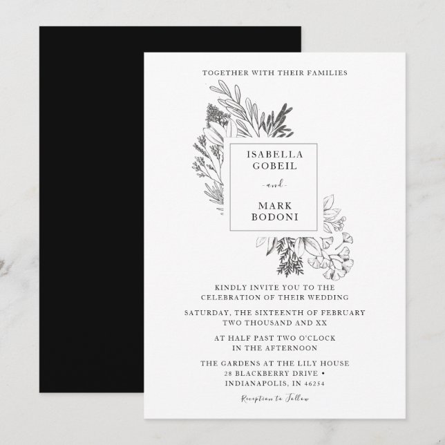 Invitación Boda mínimo floral blanco y negro (Anverso / Reverso)