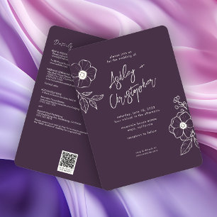 Invitación Boda Mínimo Floral Botánico Purple All-in-One