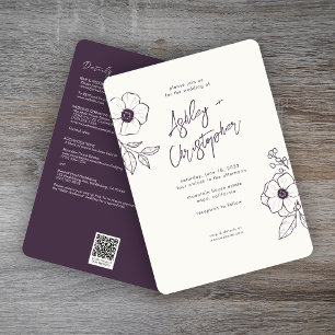 Invitación Boda Mínimo Floral Botánico Purple All-in-One