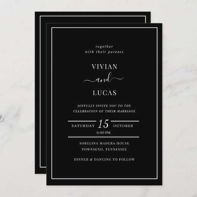Invitación Boda mínimo formal moderno negro (Anverso / Reverso)