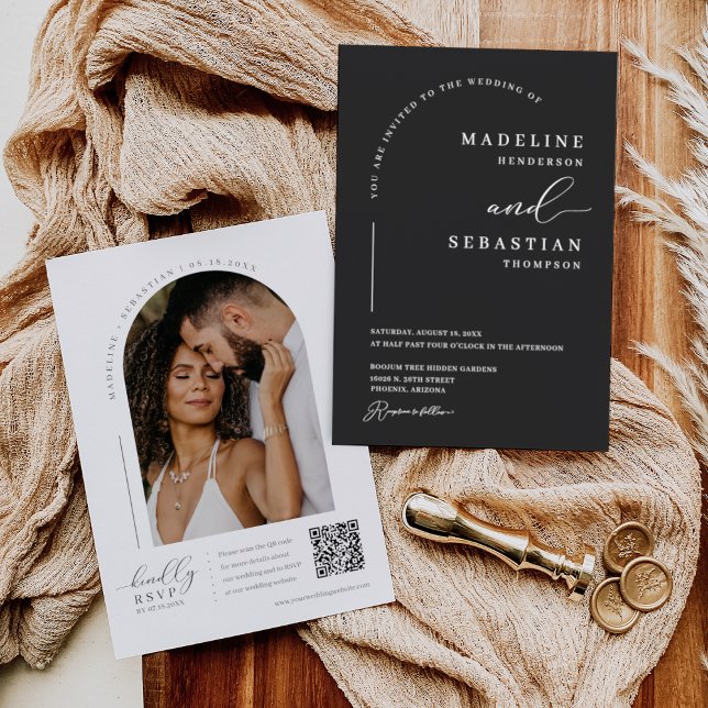 Invitación Boda Mínimo Moderno De Arco Negro Foto De Código Q (Subido por el creador)