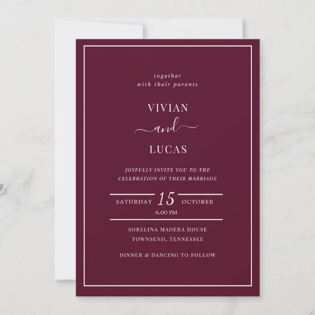 Invitación Boda mínimo moderno de Borgoña (Anverso)