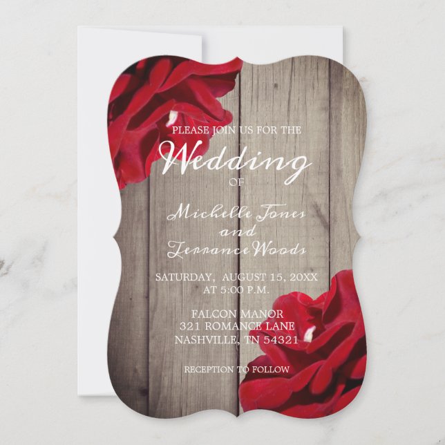 Invitación Boda Mínimo Rústico Floral Rojo Borgoña De Madera  (Anverso)