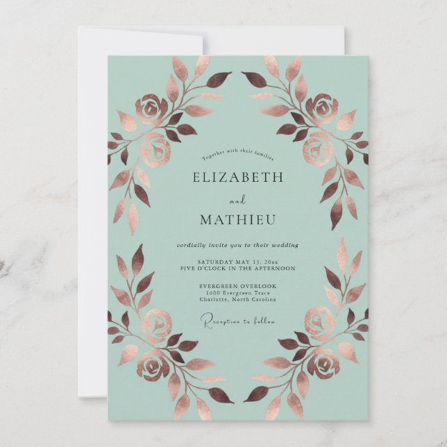 Invitación Boda Mint con Hojas de Cobre (Anverso)