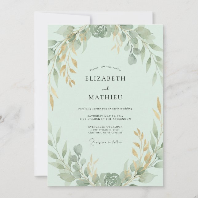 Invitación Boda Mint con Hojas de Oro (Anverso)