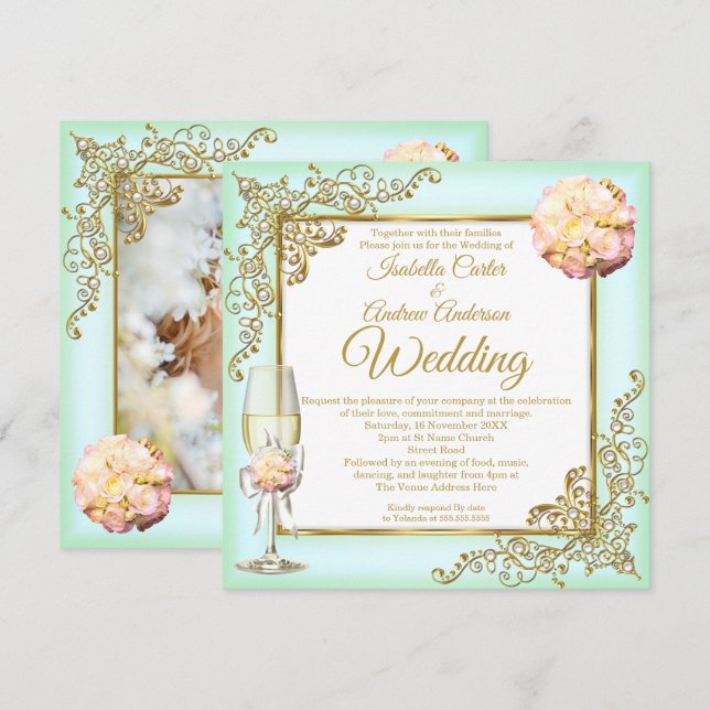 Invitación Boda Mint Coral Champagne Gold Pearl Photo (Anverso / Reverso)
