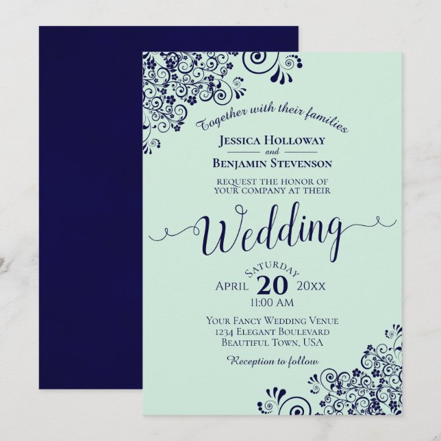 Invitación Boda Mint Green & Navy Blue Lace Frils (Anverso / Reverso)