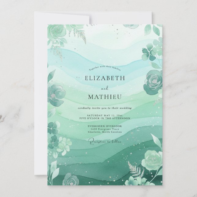 Invitación Boda Mint Seafoam Frondoso (Anverso)