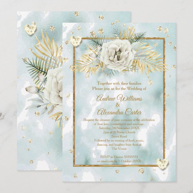 Invitación Boda Mint Verde azulada Gold Rosa de mármol Floral (Anverso / Reverso)