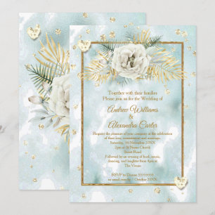 Invitación Boda Mint Verde azulada Gold Rosa de mármol Floral