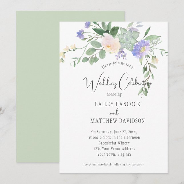 Invitación Boda Mint y Lavender Florals y Suculent (Anverso / Reverso)