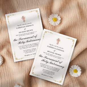 Invitación Boda Misa Nupcial Frontera Elegante Dorada Blanca